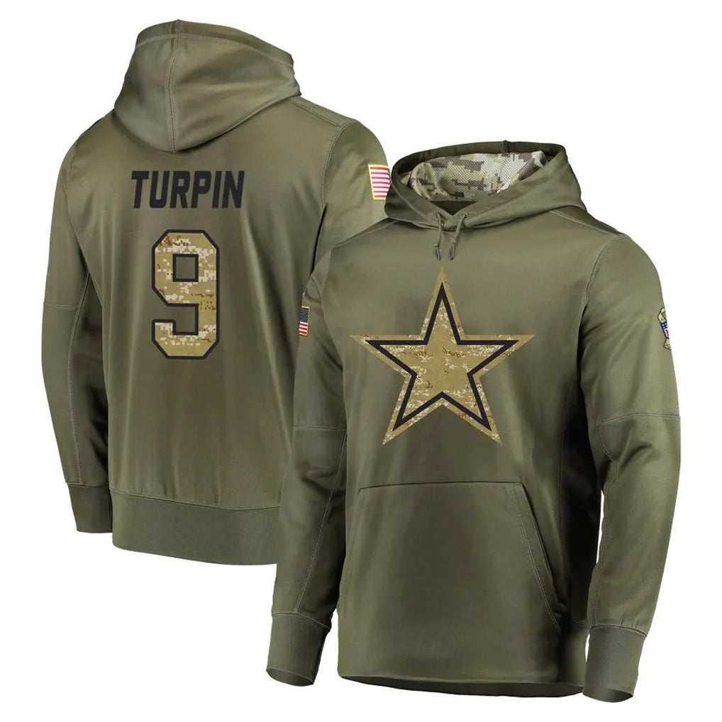 Blackjersey D.Cowboys #9 KaVontae Turpin Player Olive Salute to Service Pullover Hoodies Home Game Stitched Jerseys
