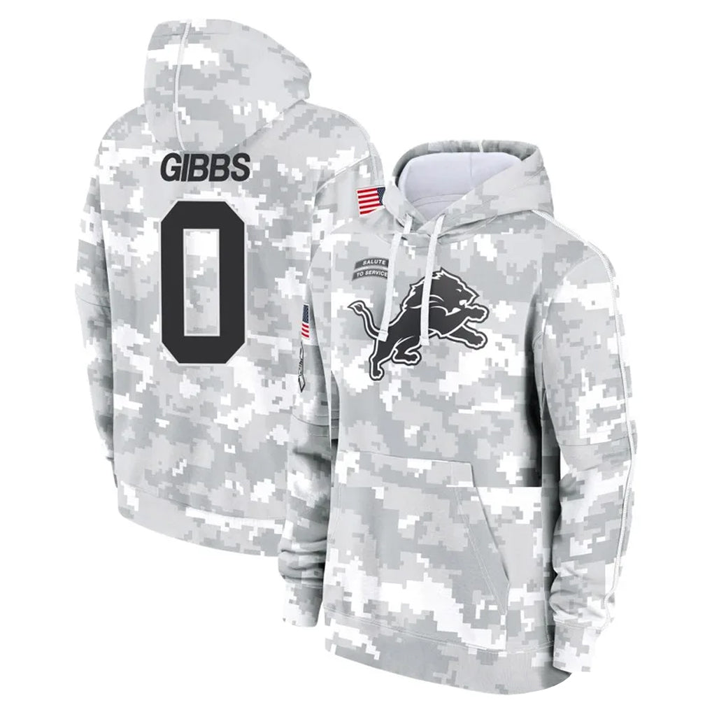 Blackjersey D.Lions #0 Jahmyr Gibbs Player Arctic Camo Salute to Service Hoodies Limited Game Stitched Jerseys