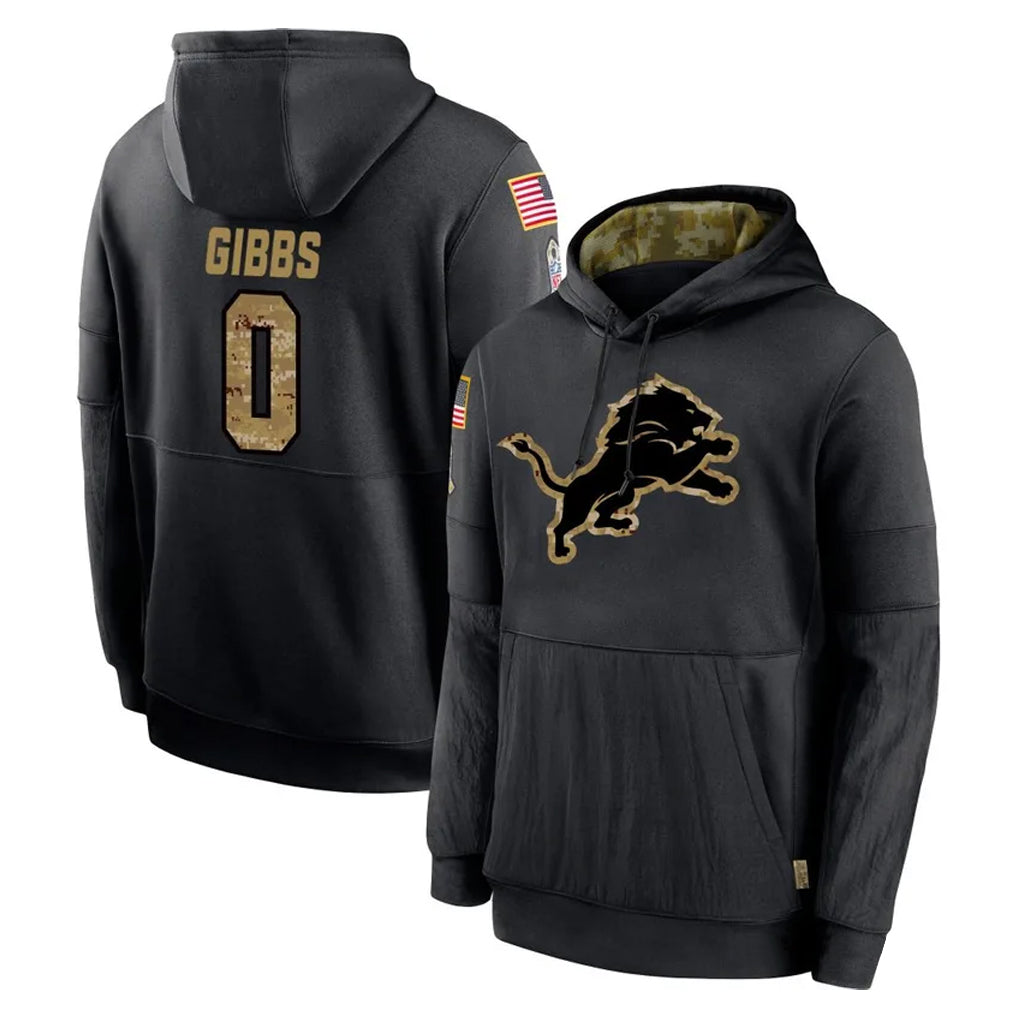 Blackjersey D.Lions #0 Jahmyr Gibbs Player Black Salute to Service Hoodies Limited Game Stitched Jerseys