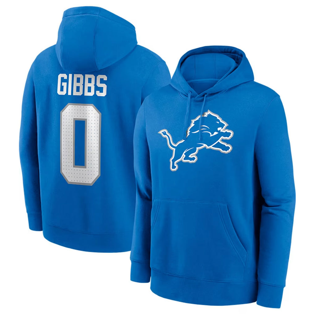 Blackjersey D.Lions #0 Jahmyr Gibbs Player Blue Salute to Service Pullover Hoodies Limited Stitched Jerseys