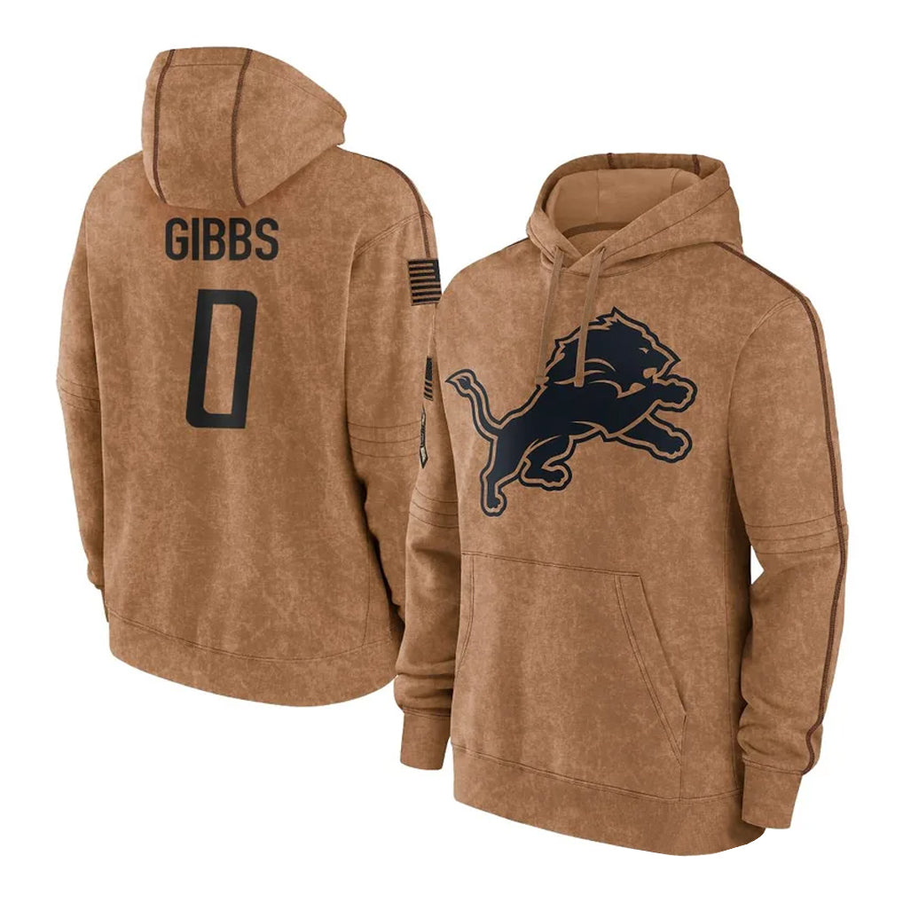 Blackjersey D.Lions #0 Jahmyr Gibbs Player Brown Salute to Service Hoodies Limited Game Stitched Jerseys