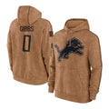 Blackjersey D.Lions #0 Jahmyr Gibbs Player Brown Salute to Service Hoodies Limited Game Stitched Jerseys