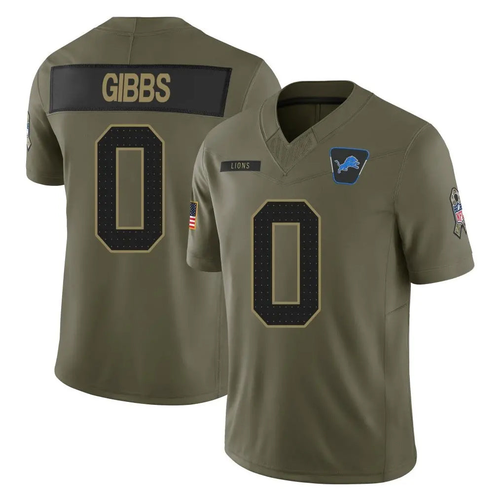 Blackjersey D.Lions #0 Jahmyr Gibbs Player Olive 2025 Salute To Service Limited Home Game Stitched Jerseys