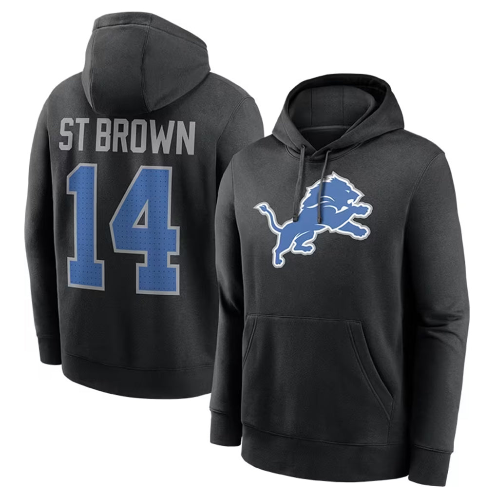 Blackjersey D.Lions #14 Amon-Ra St. Brown Player Black Pullover Hoodies Limited Game Stitched Jerseys