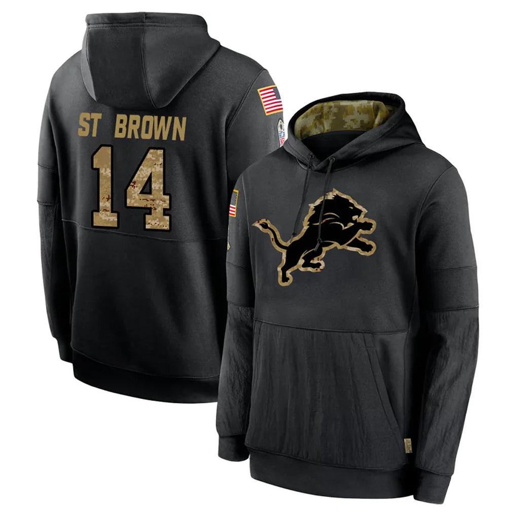 Blackjersey D.Lions #14 Amon-Ra St. Brown Player Black Salute to Service Hoodies Limited Game Stitched Jerseys