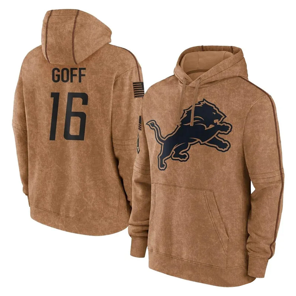 Blackjersey D.Lions #16 Jared Goff Player Brown Salute to Service Hoodies Limited Game Stitched Jerseys