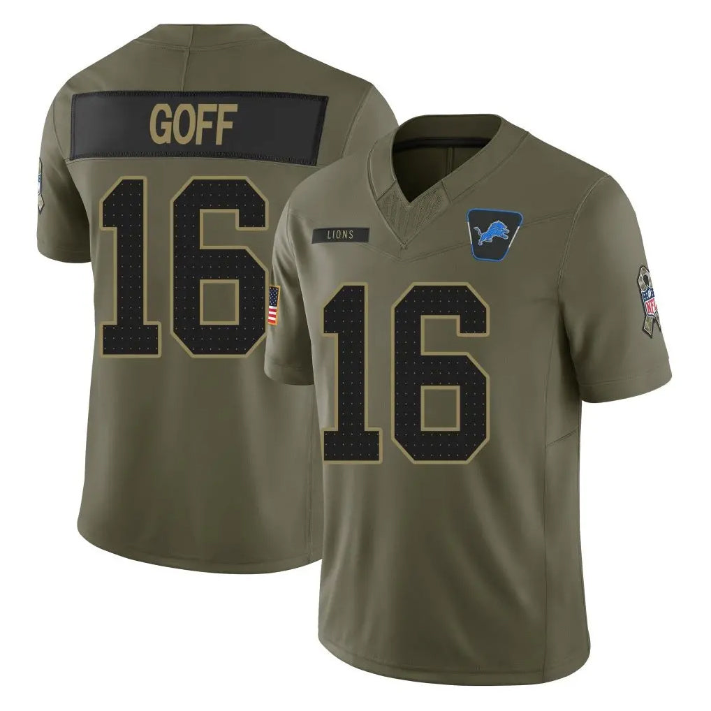 Blackjersey D.Lions #16 Jared Goff Player Olive 2025 Salute To Service Limited Home Game Stitched Jerseys