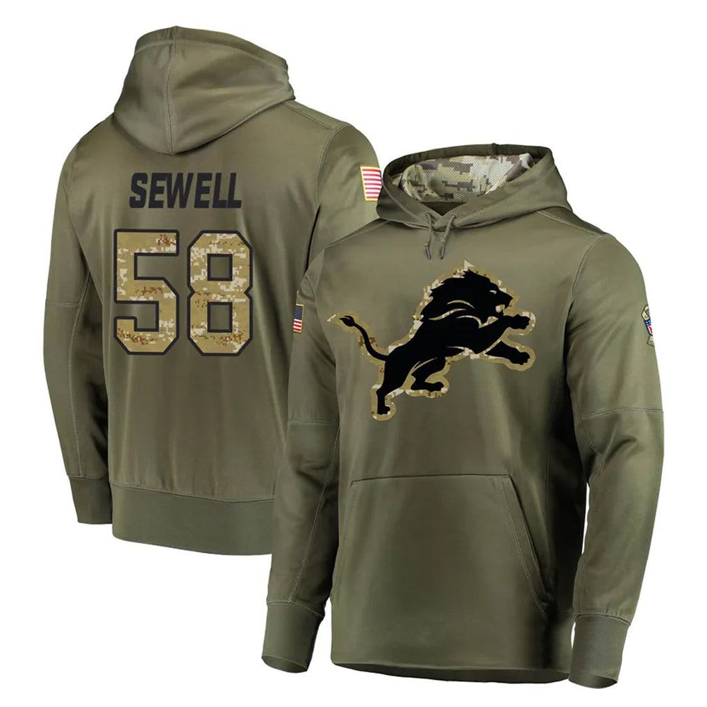 Blackjersey D.Lions #58 Penei Sewell Player Olive Salute to Service Pullover Hoodies Home Game Stitched Jerseys