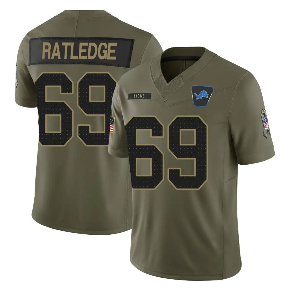 Blackjersey D.Lions #69 Tate Ratledge Player Olive 2025 Salute To Service Limited Home Game Stitched Jerseys
