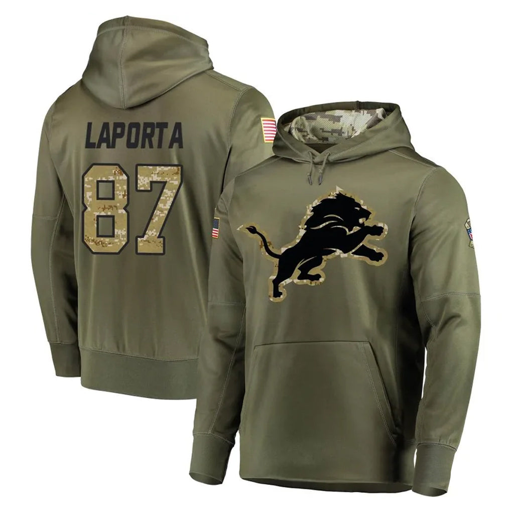 Blackjersey  D.Lions #87 Sam LaPorta Player Olive Salute to Service Pullover Hoodies Home Game Stitched Jerseys