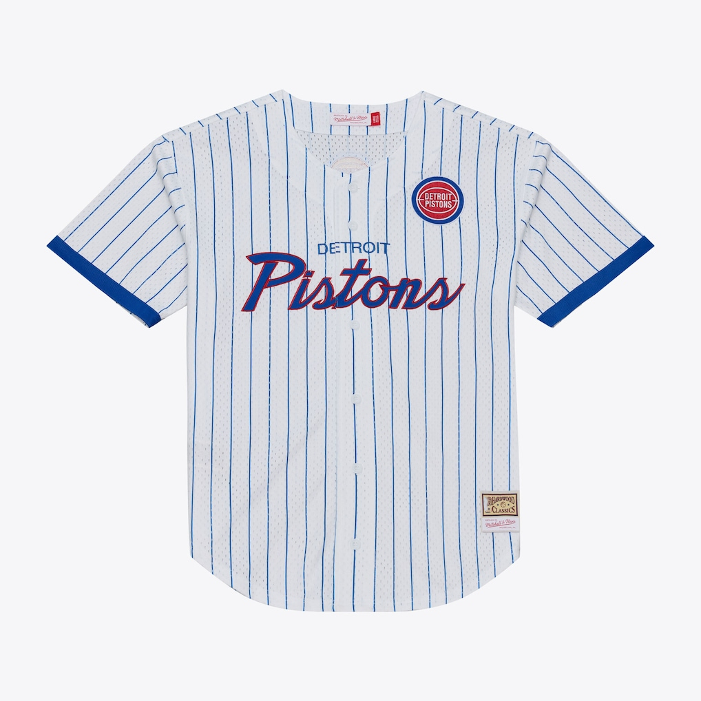 Blackjersey D.Pistons Mitchell & Ness White Head Coach Pinstripe Mesh Full-Button Baseball Jerseys