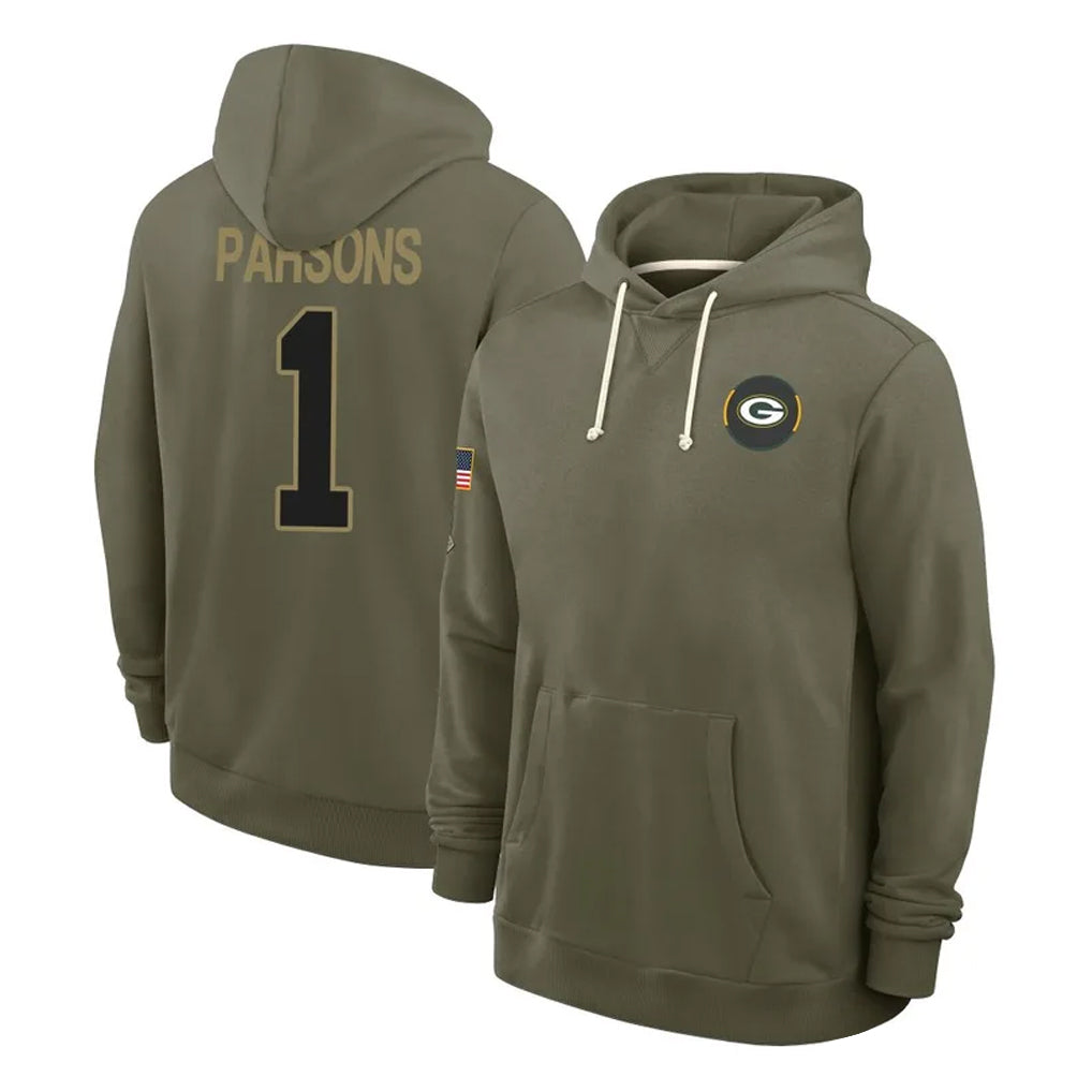 Blackjersey GB.Packers #1 Micah Parsons Player Olive Salute to Service Pullover Hoodies Limited Stitched Jerseys