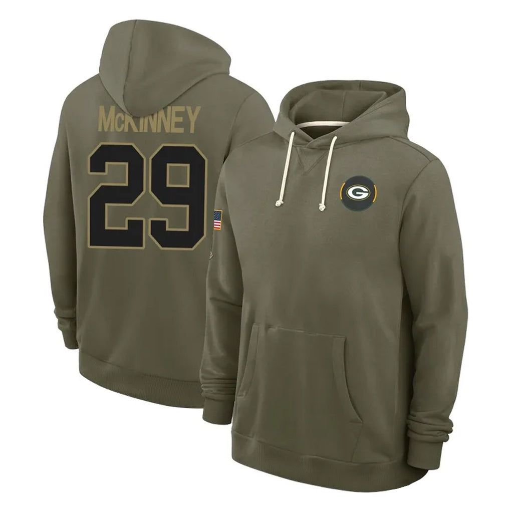 Blackjersey GB.Packers #29 Xavier McKinney Player Olive Salute to Service Pullover Hoodies Limited Stitched Jerseys