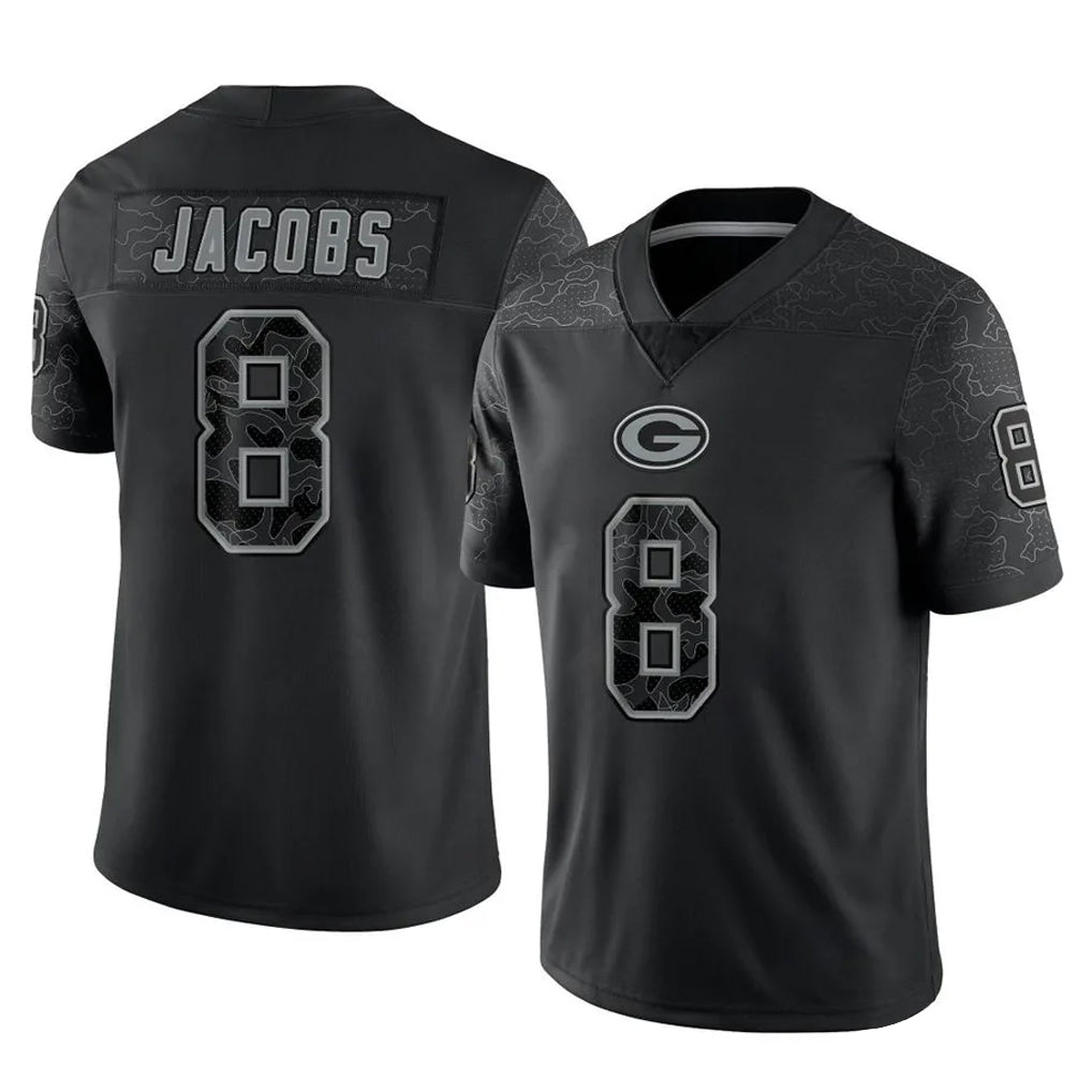 Blackjersey GB.Packers #8 Josh Jacobs Player Black Reflective Limited Home Game Stitched Jerseys