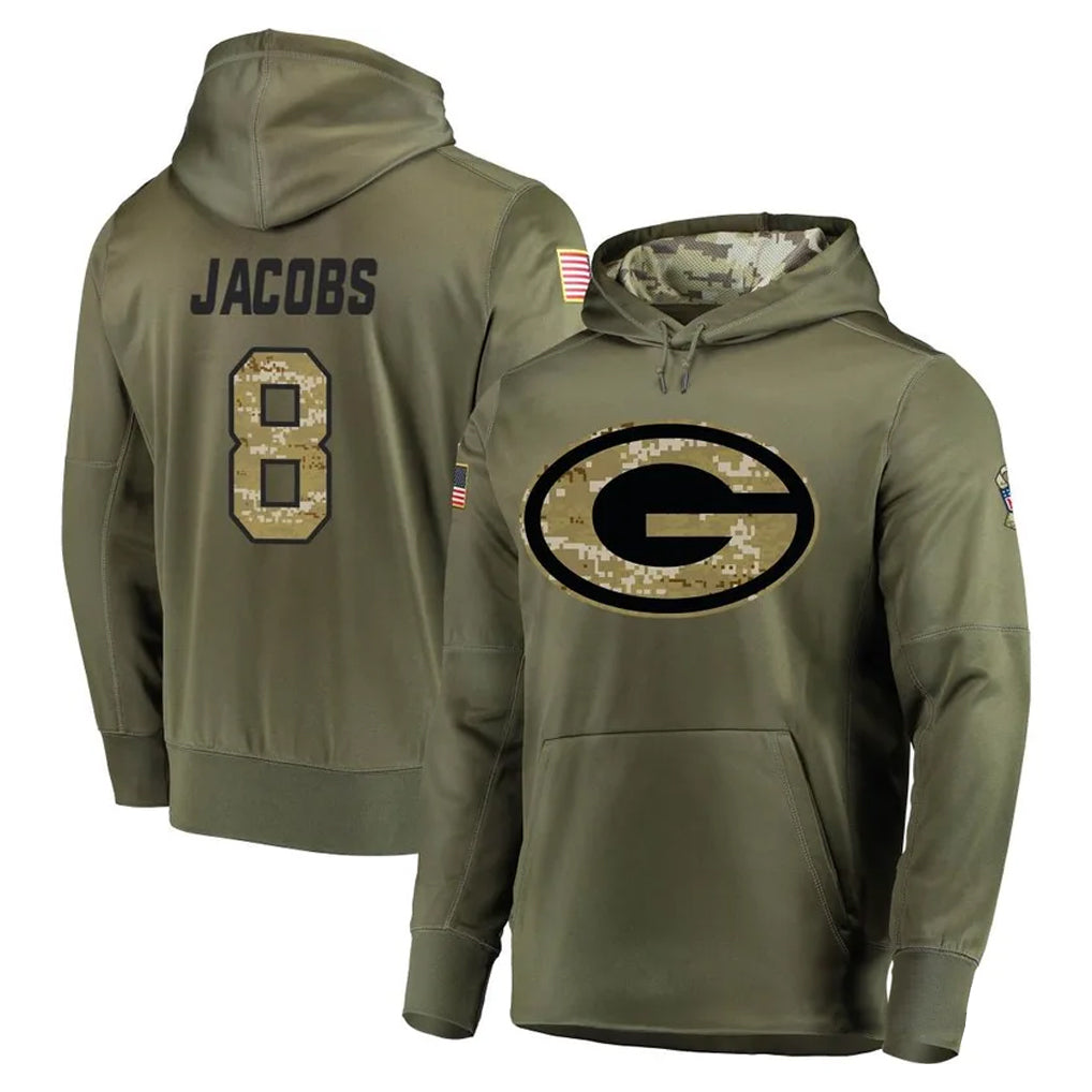 Blackjersey GB.Packers #8 Josh Jacobs Player Olive Salute to Service Pullover Hoodies Home Game Stitched Jerseys