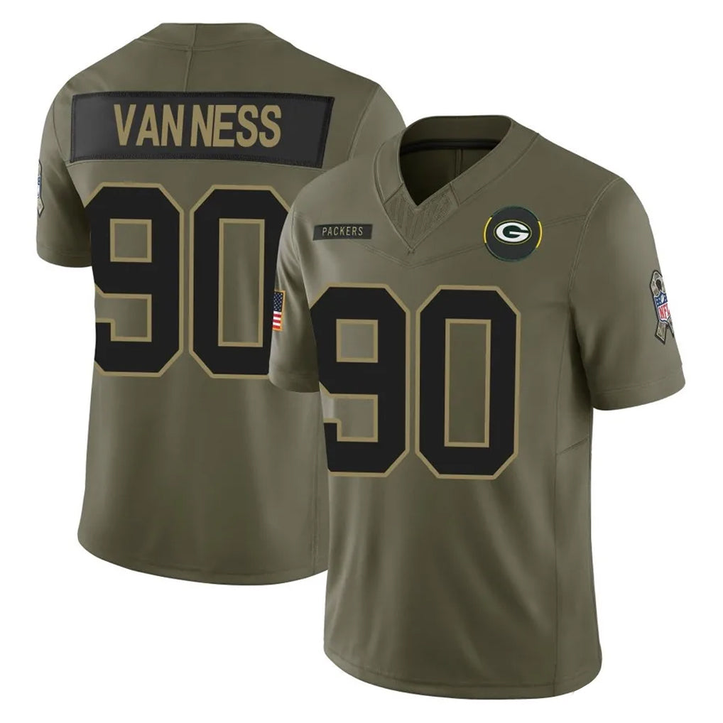 Blackjersey GB.Packers #90 Lukas Van Ness Player Olive 2025 Salute To Service Limited Home Game Stitched Jerseys