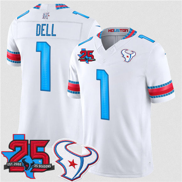 Blackjersey H.Texans #1 Tank Dell White 2026 F.U.S.E. Rivalries Collection With 25th Anniversary Patch Limited Football Stitched Jersey