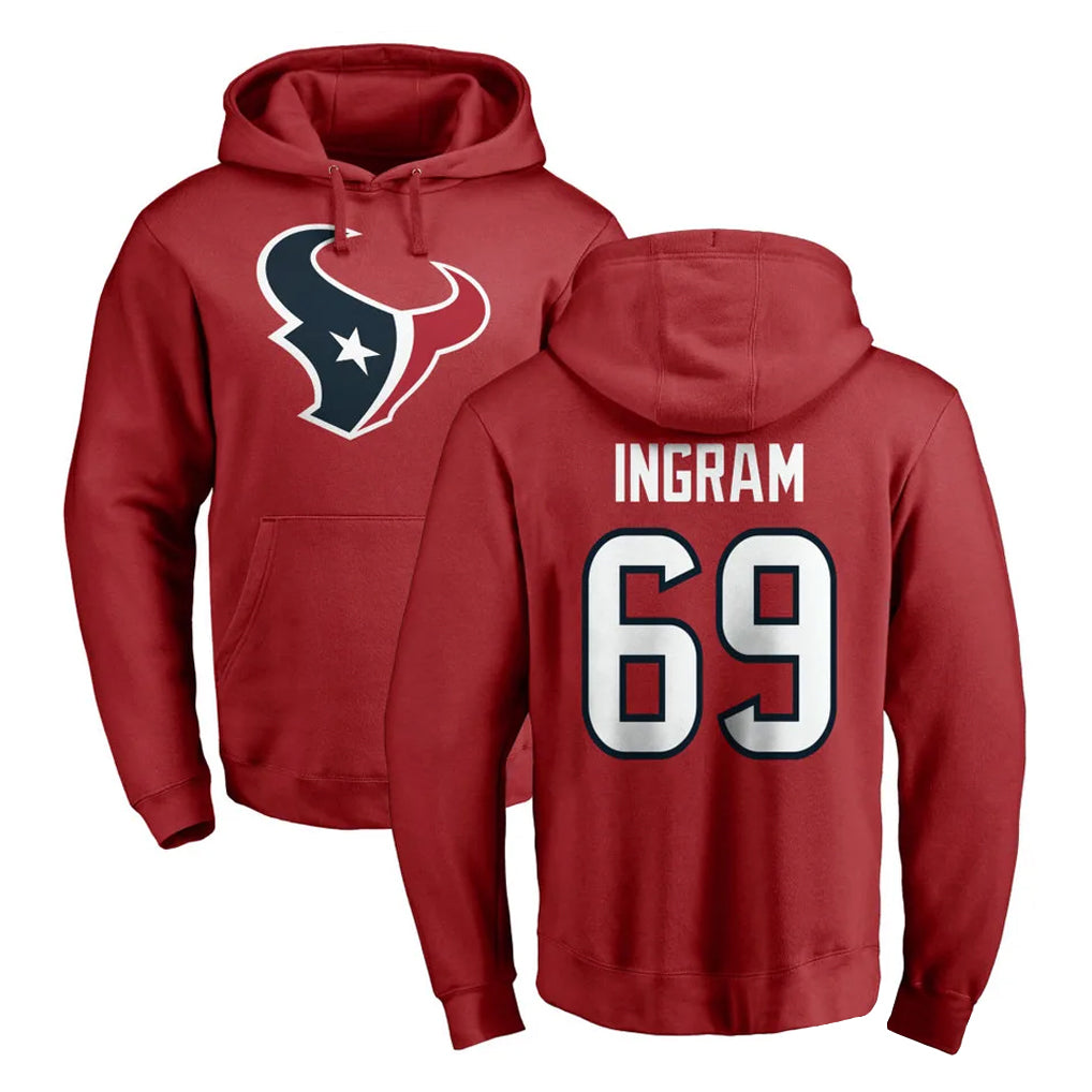 Blackjersey H.Texans #69 Ed Ingram Player Red Pro Line Pullover Hoodie Limited Game Stitched Jerseys