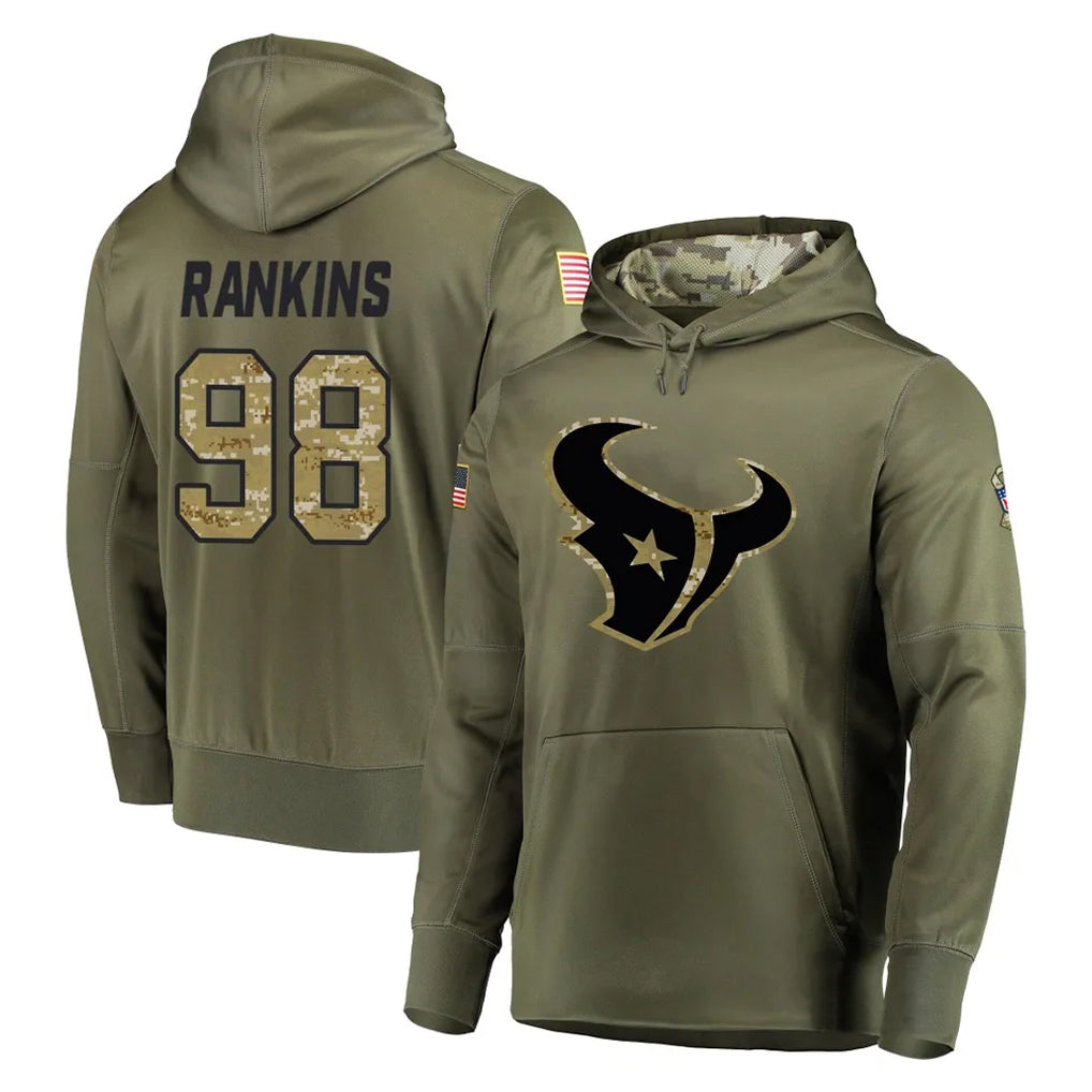 Blackjersey H.Texans #98 Sheldon Rankins Player Olive Salute to Service Pullover Hoodies Home Game Stitched Jerseys