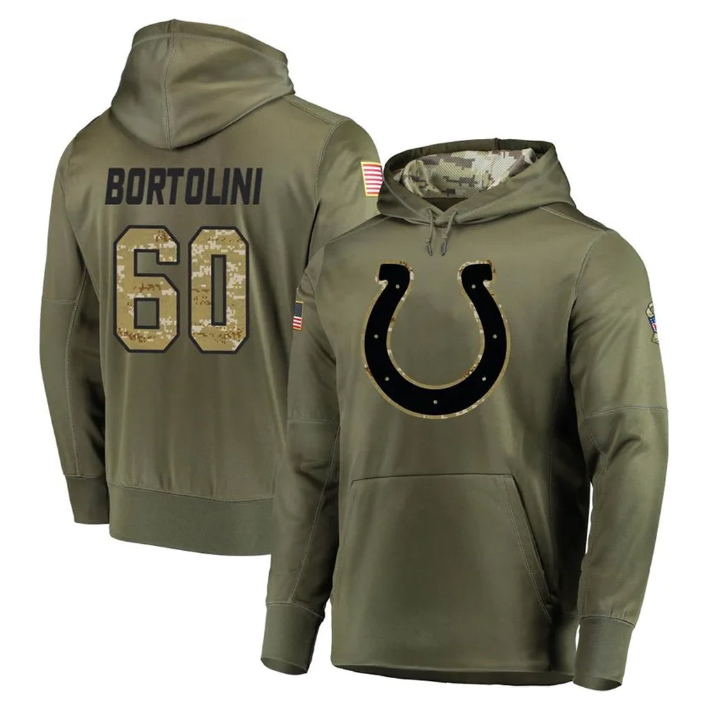 Blackjersey IN.Colts #60 Tanor Bortolini Player Olive Salute to Service Pullover Hoodies Home Game Stitched Jerseys