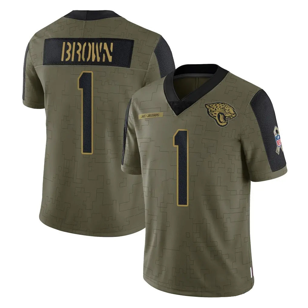 Blackjersey J.Jaguars #1 Montaric Brown Player Olive Salute To Service Limited Game Stitched Jerseys