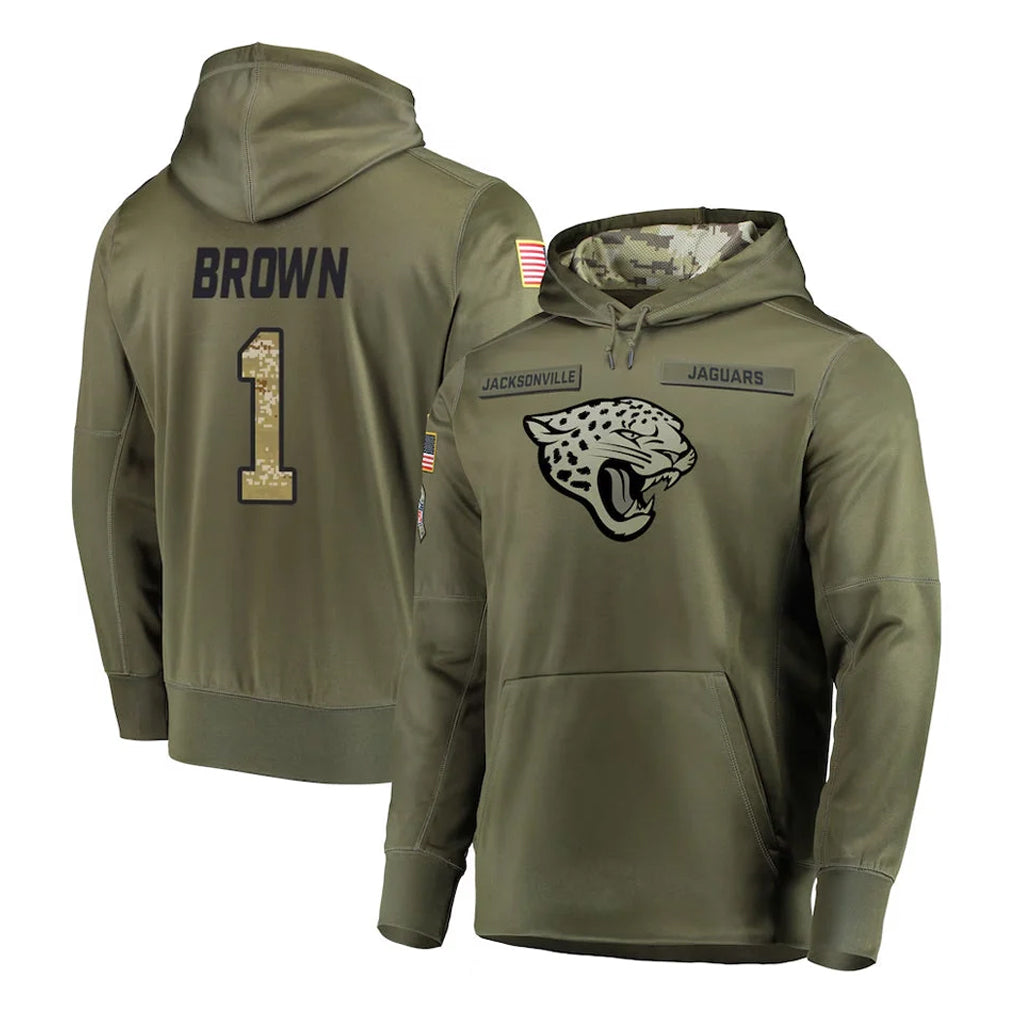 Blackjersey J.Jaguars #1 Montaric Brown Player Olive Salute to Service Pullover Hoodies Home Game Stitched Jerseys