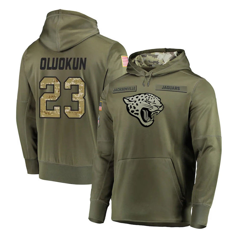 Blackjersey J.Jaguars #23 Foyesade Oluokun Player Olive Salute to Service Pullover Hoodies Home Game Stitched Jerseys