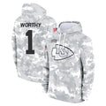 Blackjersey KC.Chiefs #1 Xavier Worthy Player Arctic Camo Salute to Service Hoodies Limited Game Stitched Jerseys