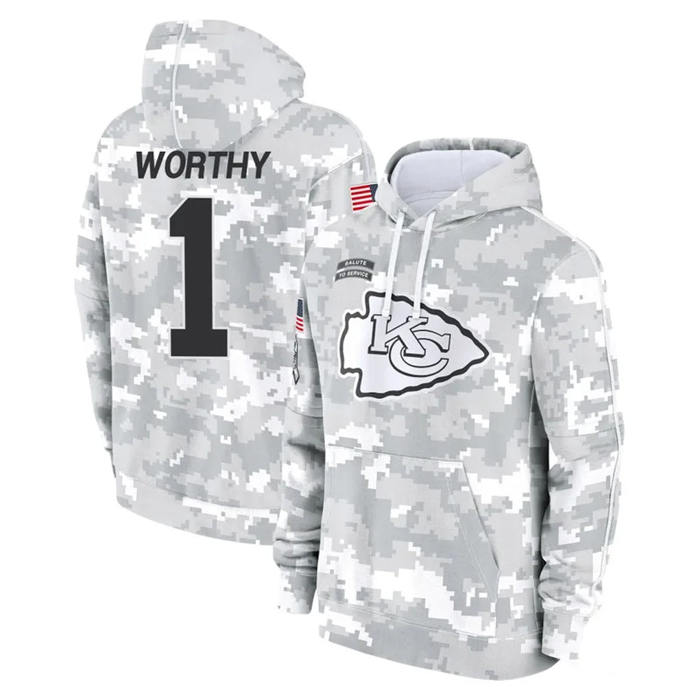 Blackjersey KC.Chiefs #1 Xavier Worthy Player Arctic Camo Salute to Service Hoodies Limited Game Stitched Jerseys