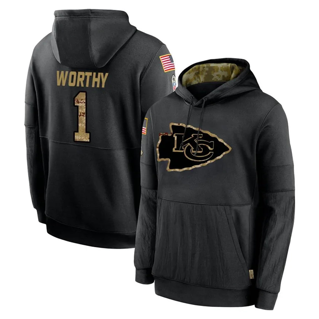Blackjersey KC.Chiefs #1 Xavier Worthy Player Black Salute to Service Hoodies Limited Game Stitched Jerseys