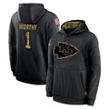 Blackjersey KC.Chiefs #1 Xavier Worthy Player Black Salute to Service Hoodies Limited Game Stitched Jerseys