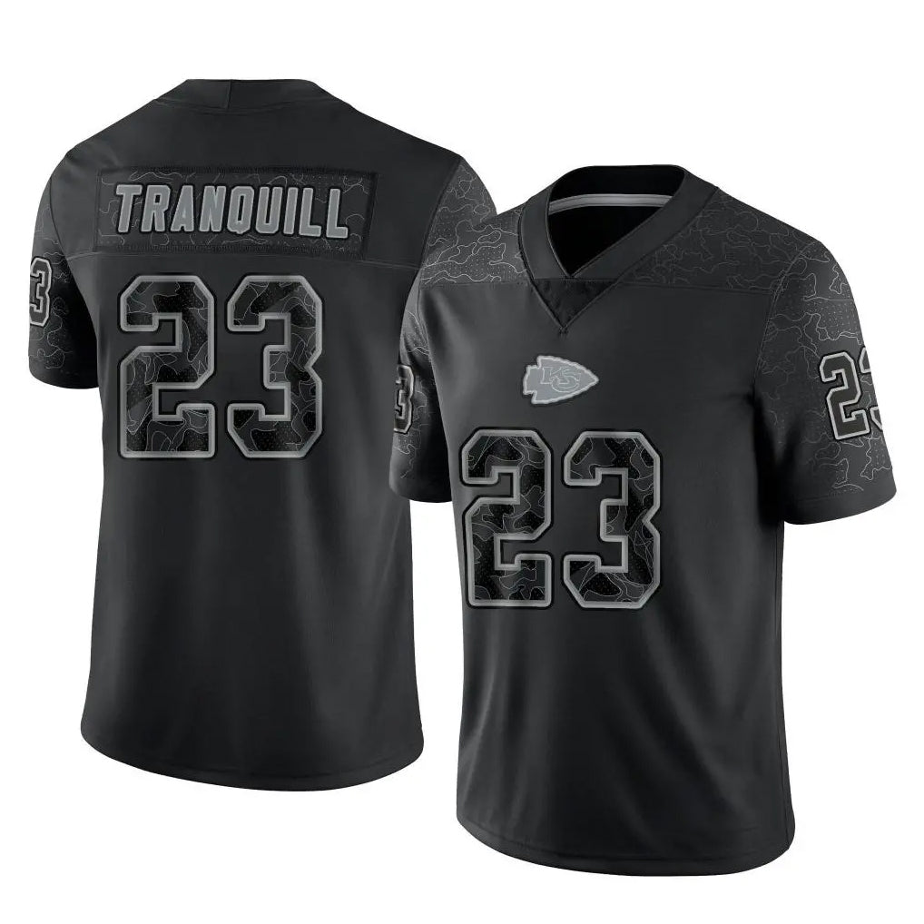 Blackjersey KC.Chiefs #23 Drue Tranquill Player Black Limited Reflective Game Stitched Jerseys