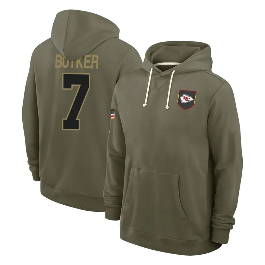 Blackjersey KC.Chiefs #7 Harrison Butker Player Olive Salute to Service Pullover Hoodies Limited Stitched Jerseys