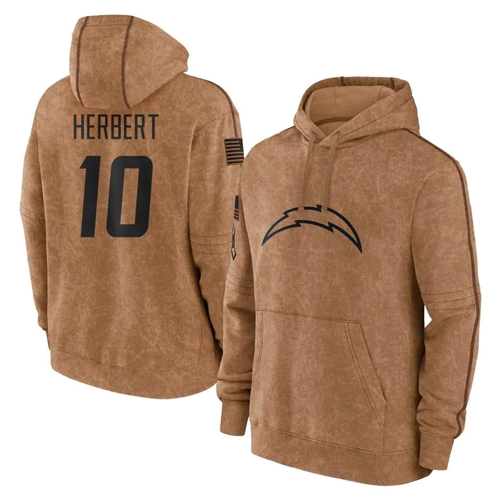 Blackjersey LA.Chargers #10 Justin Herbert Player Brown Salute to Service Hoodies Limited Game Stitched Jerseys