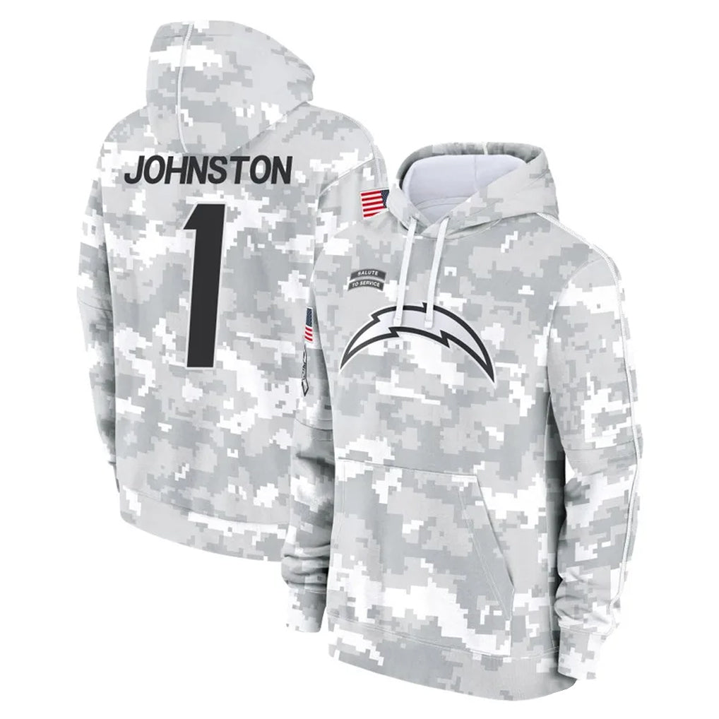 Blackjersey LA.Chargers #1 Quentin Johnston Player Arctic Camo Salute to Service Hoodies Limited Game Stitched Jerseys