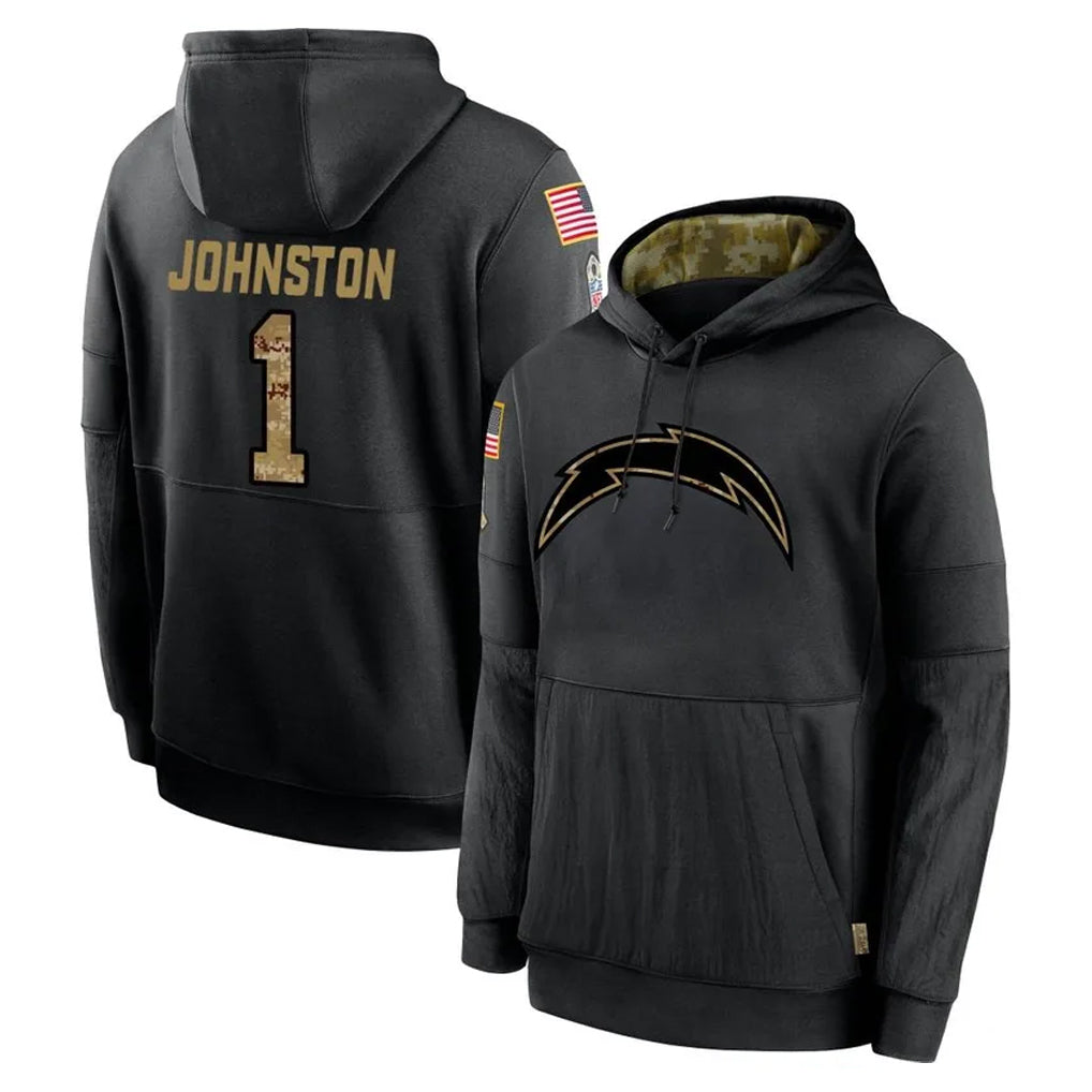 Blackjersey LA.Chargers #1 Quentin Johnston Player Black Salute to Service Hoodies Limited Game Stitched Jerseys