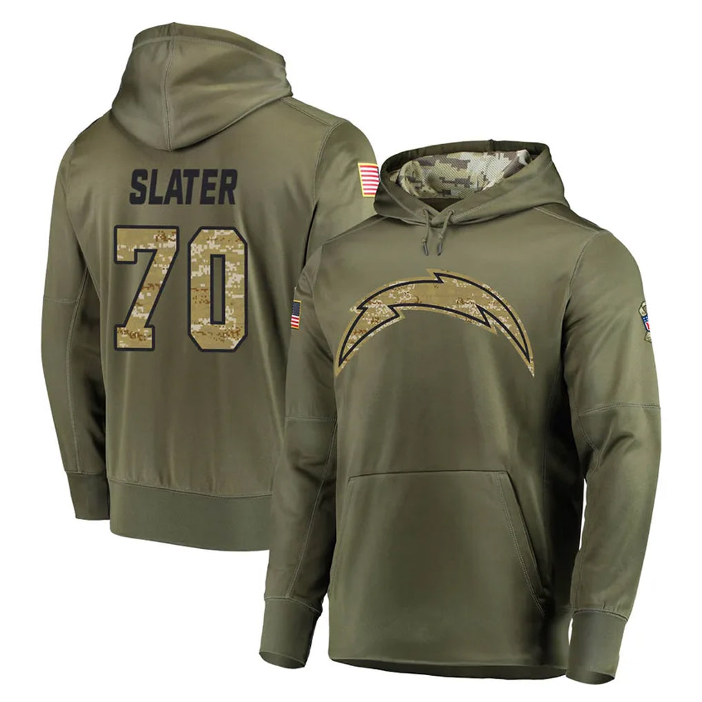 Blackjersey LA.Chargers #70 Rashawn Slater Player Olive Salute to Service Pullover Hoodies Home Game Stitched Jerseys
