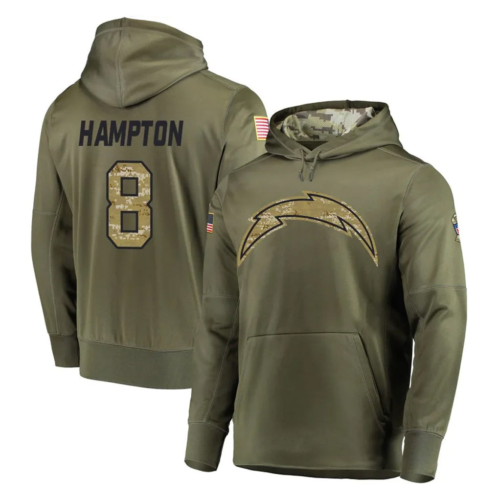 Blackjersey LA.Chargers #8 Omarion Hampton Player Olive Salute to Service Pullover Hoodies Home Game Stitched Jerseys