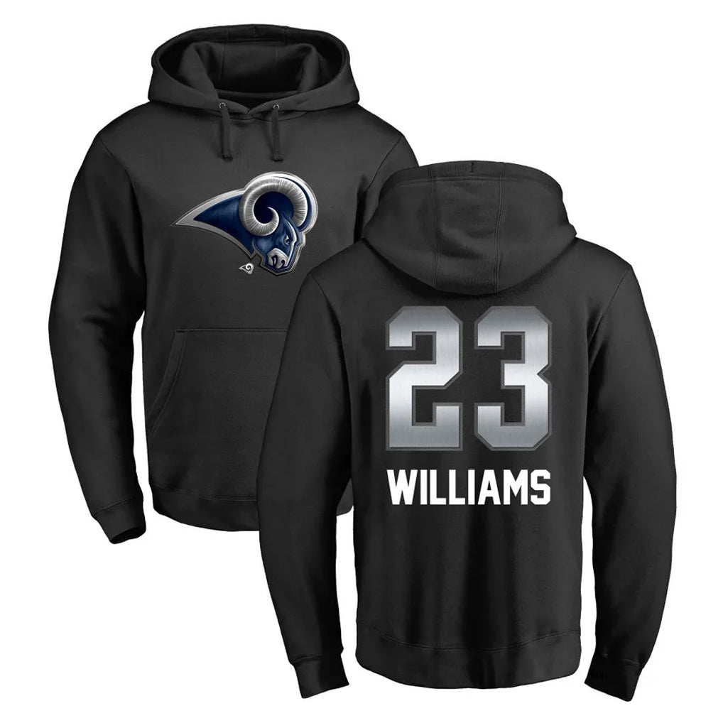 Blackjersey LA.Rams #23 Kyren Williams Player Black Pullover Hoodie Limited Game Stitched Jerseys