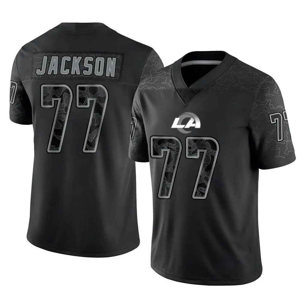 Blackjersey LA.Rams #77 Alaric Jackson Player Black Limited Reflective Home Game Stitched Jerseys