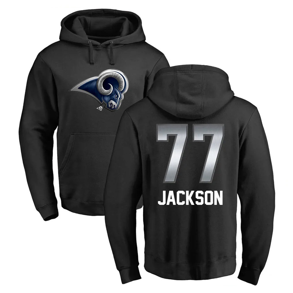 Blackjersey LA.Rams #77 Alaric Jackson Player Black Pullover Hoodie Limited Game Stitched Jerseys