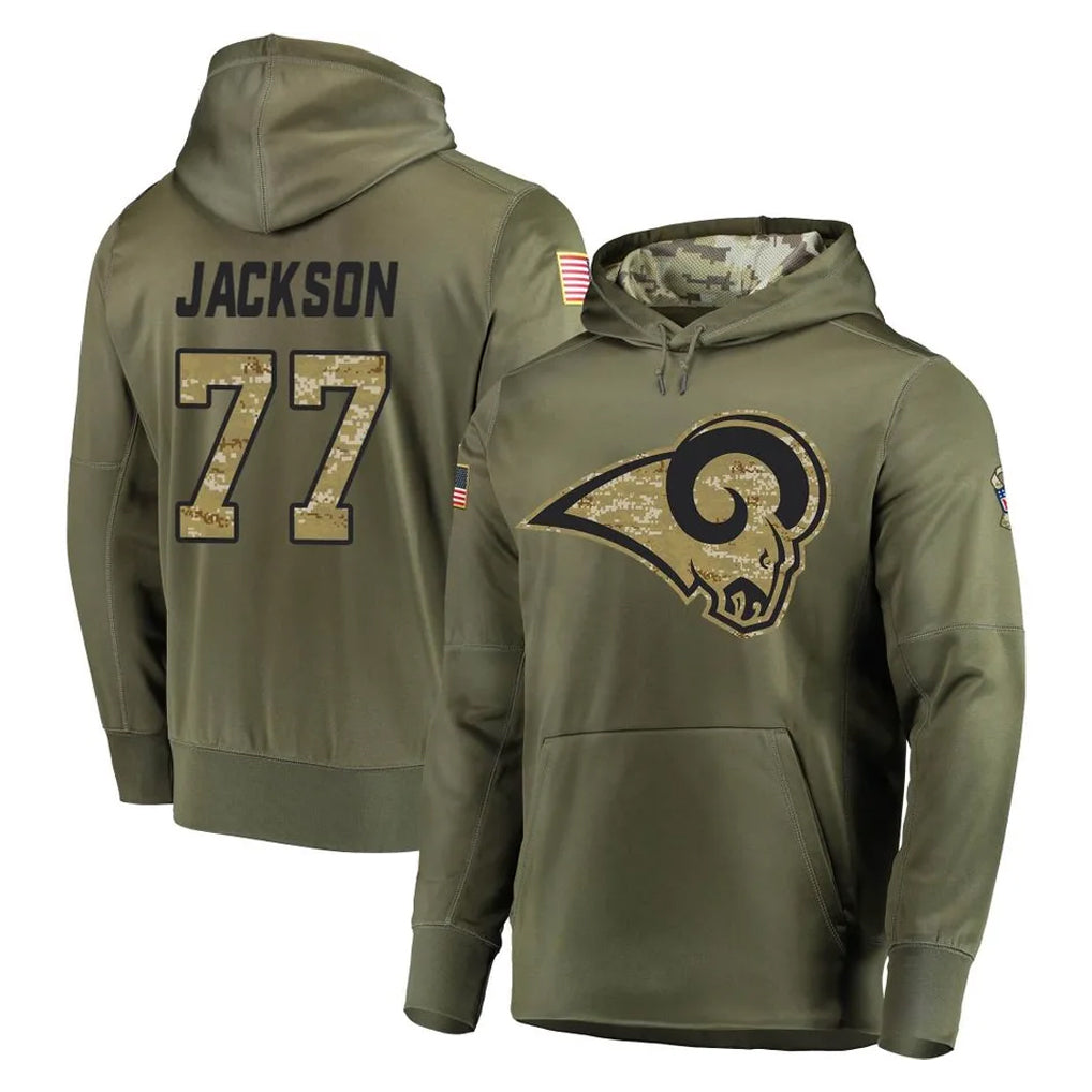 Blackjersey LA.Rams #77 Alaric Jackson Player Olive Salute to Service Pullover Hoodies Home Game Stitched Jerseys
