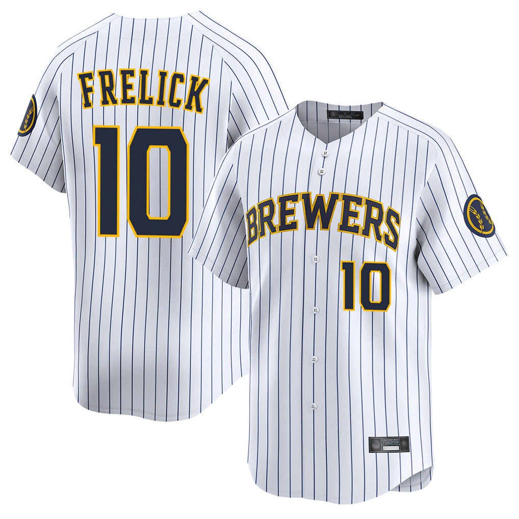 Blackjersey M.Brewers #10 Sal Frelick Player White Stripes Home Limited Game Stitched Jerseys