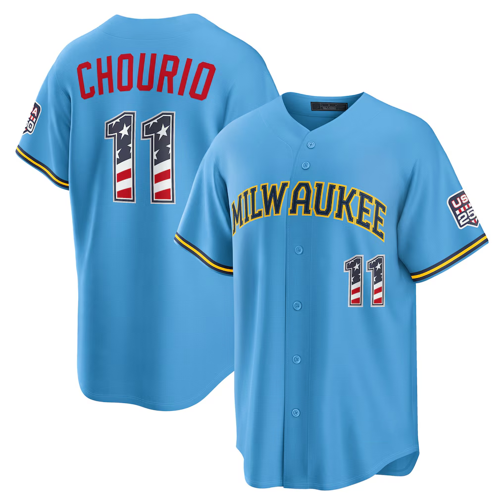 Blackjersey M.Brewers #11 Jackson Chourio Light Blue USA 250 Fourth of July Road Stadium Jersey