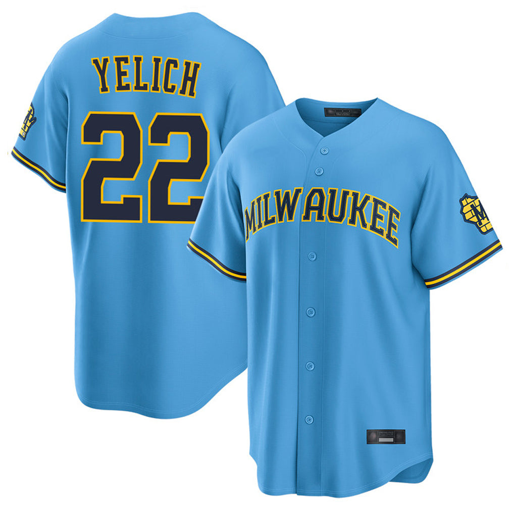 Blackjersey M.Brewers #22 Christian Yelich Player Light Blue Road Stadium Game Stitched Jerseys
