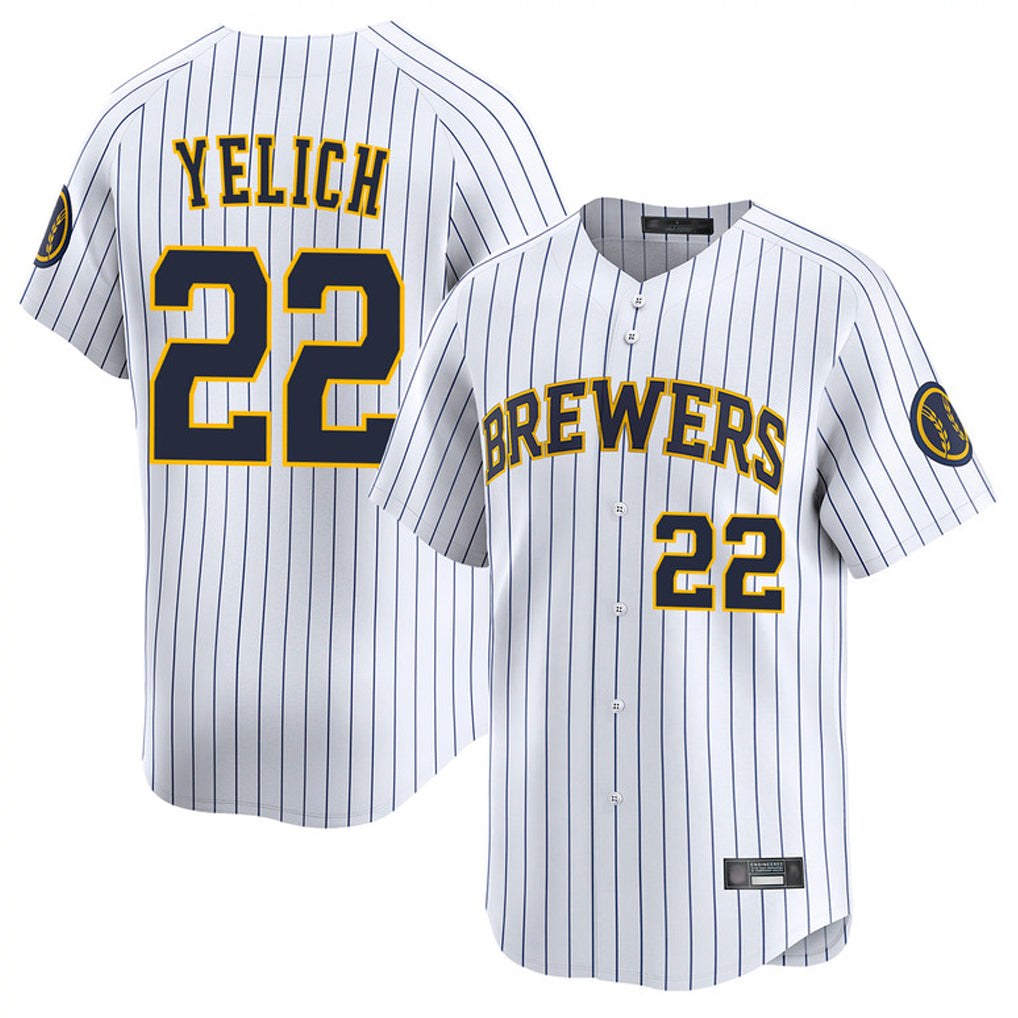 Blackjersey M.Brewers #22 Christian Yelich Player White Stripes Home Limited Game Stitched Jerseys