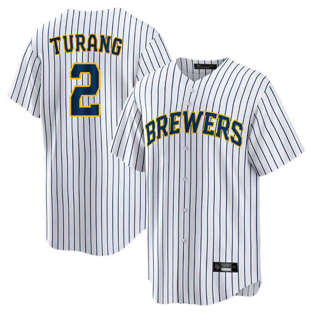 Blackjersey M.Brewers #2 Brice Turang Player White Stripes Home Game Stitched Jerseys