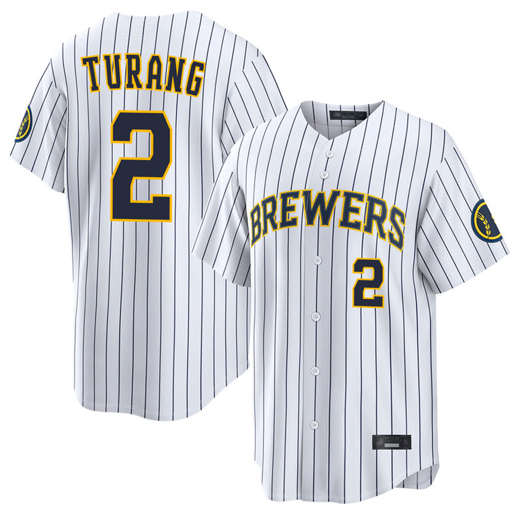 Blackjersey M.Brewers #2 Brice Turang Player White Stripes Home Limited Game Stitched Jerseys