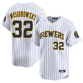 Blackjersey M.Brewers #32 Jacob Misiorowski Player White Stripes Home Limited Game Stitched Jerseys