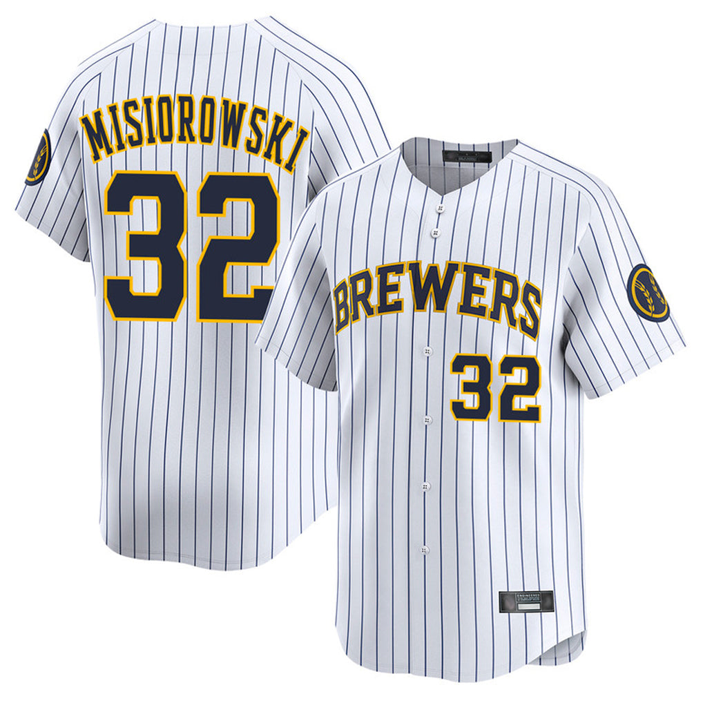 Blackjersey M.Brewers #32 Jacob Misiorowski Player White Stripes Home Limited Game Stitched Jerseys